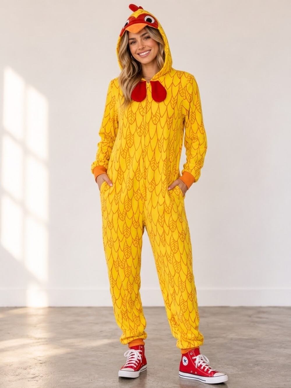 Adult Chicken Costume Onesie, Yellow w Red, size Large, Secret Treaures brand